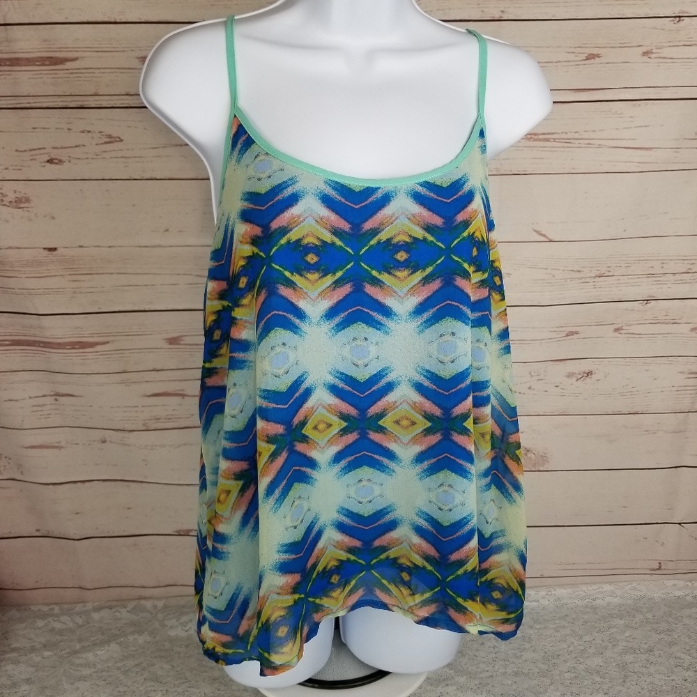 Umgee USA Women's L Blue Racerback Caged Ikat Geo